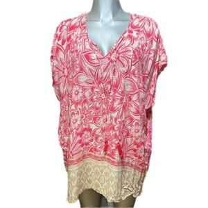 Lucy & Laurel Hawaiian Blouse Lightweight Plus Sz 2X-3X V Neck Coastal Ethereal